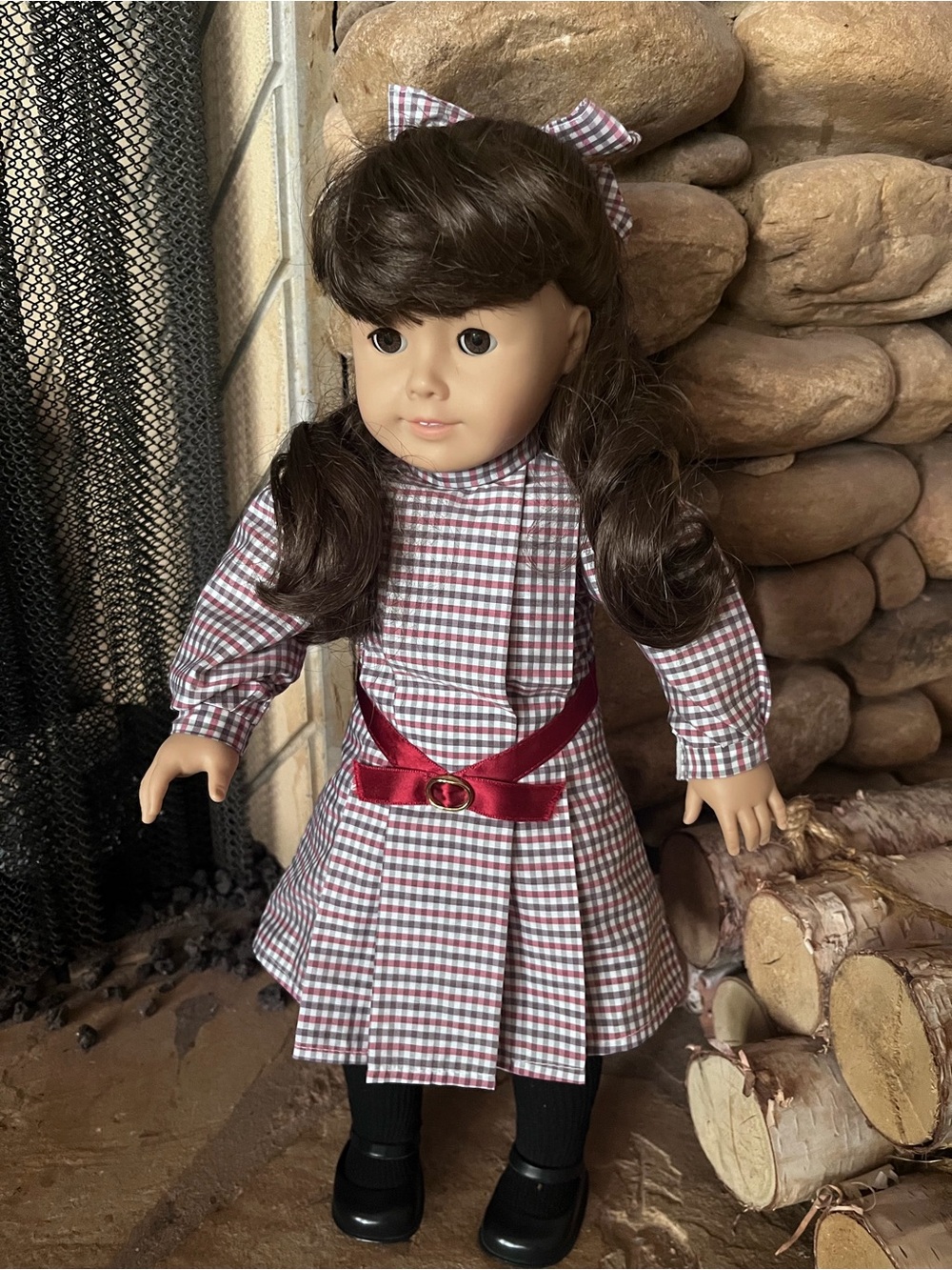 American Girl Samantha Burgundy & White Plaid Dress with Satin Belt and Bow